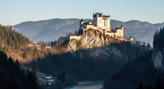 Hohenwerfen Castle (Burg Hohenwerfen), a medieval fortress situated on a 623-meter precipice in Werfen, Austria.