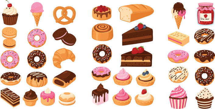 Delicious bakery and dessert vector collection featuring hand drawn donuts, cupcakes, croissants, chocolate cake, ice cream, and sweet pastries for cafe menus and food branding