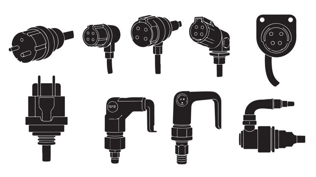 Industrial electrical connector silhouettes, set of 9 technical power plug icons, black vector hardware components for engineering schematics