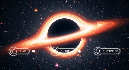 Obraz premium Massive cosmic singularity features glowing accretion disk and luminous interaction prompts against deep space