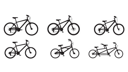 Obraz premium Bicycle silhouette collection, set of 6 black bike icons including mountain bikes and tandem, minimalist cycling vector illustrations on white background