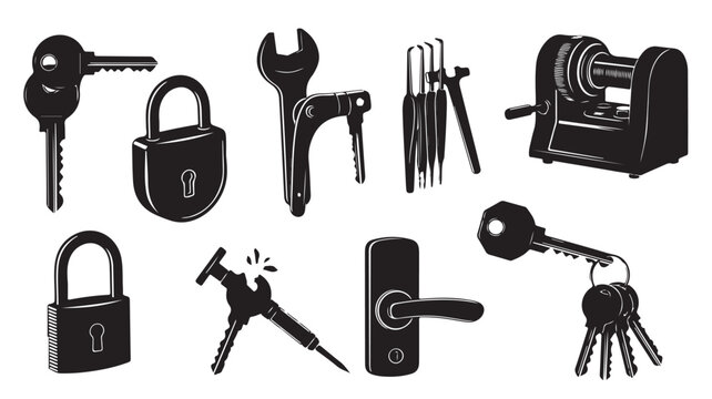 Locksmith service vector icons set, professional security equipment and door hardware, black and white locksmith tools and key cutting machine