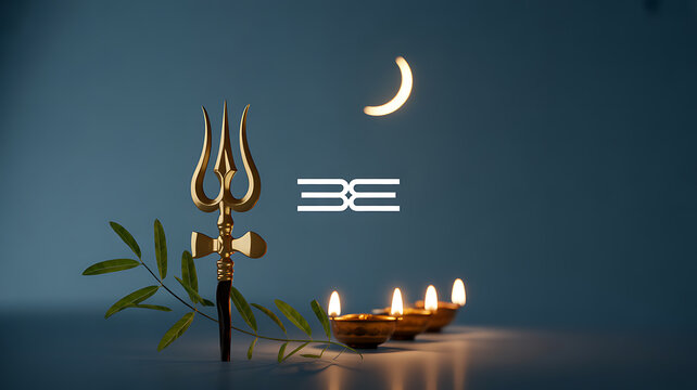 Golden trident with candles and crescent moon against a dark blue background