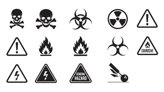 Hazard warning icons set, black industrial safety symbols on white background, 14 vector elements for chemical and biological danger alerts