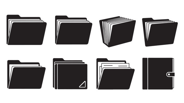 Minimalist black folder icons set, professional office document storage vectors, 8 flat file organization symbols for business data management