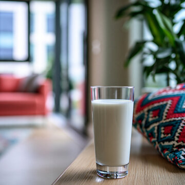 Glass of milk on a table with blurred living room background beverage refreshing interior