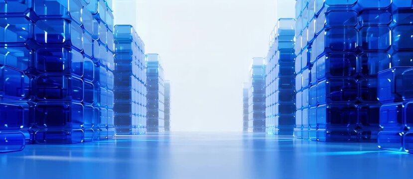 Abstract futuristic blue glass skyscraper city landscape with bright light in background