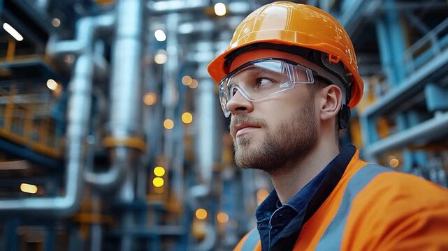 Industrial Prowess: A focused engineer in a hard hat and safety glasses stands confidently amidst a complex industrial facility, embodying the spirit of innovation and progress.