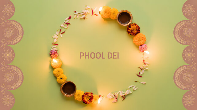 Circular floral arrangement with marigold flowers, petals, and oil lamps on a green background, forming a decorative pattern with the text 'PHOOL DEI'