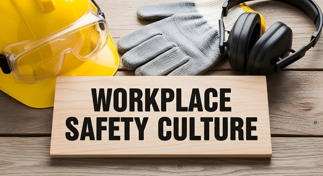 Workplace safety culture with hard hat, gloves, and headphones