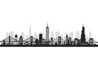 Fototapeta premium Black silhouette of a city skyline with a suspension bridge and skyscrapers at dusk