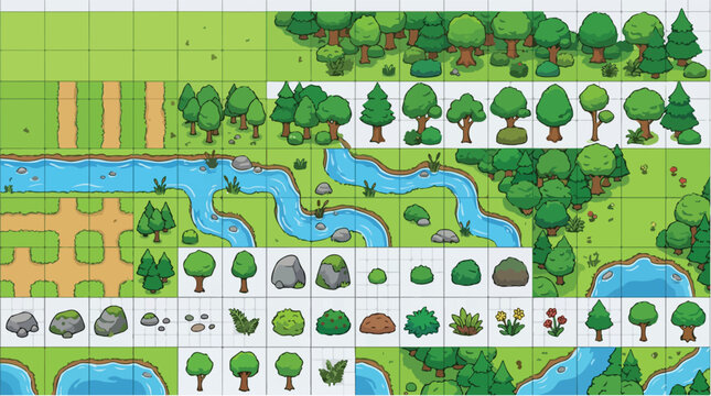 Cartoon game tileset vector, nature landscape map creator with trees and river, 2D top-down environment assets for game design and level building