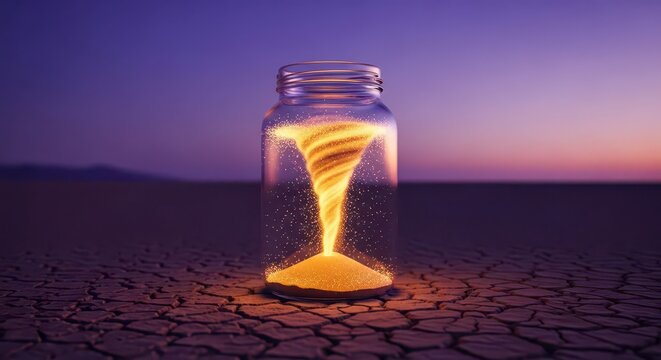 Glowing Hourglass on Dry Land.