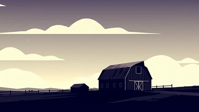 Rural landscape with a barn, under a cloudy sky, in a minimalist style
