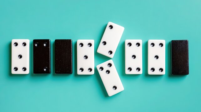 One missing domino makes entire chain reaction instantly stop, overhead view symbolizing systemic stagnation and broken causality