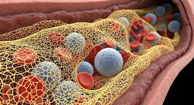 Microscopic view of blood cells and fibrin network within a blood vessel.
