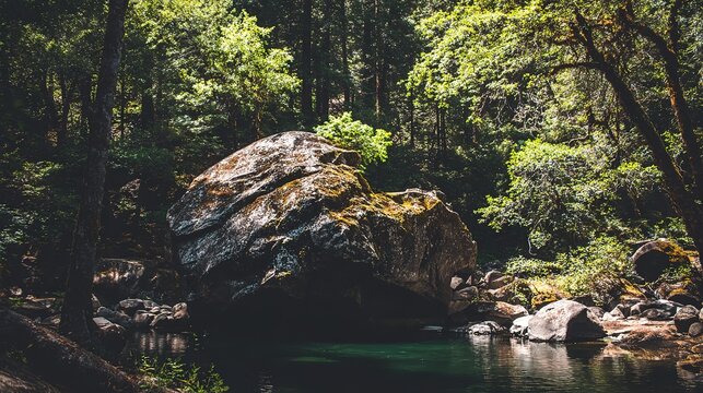 Massive weathered boulder resting at bottom of clear deep pool, flowing water, dappled light, serene timeless nature scene
