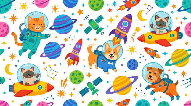 Cute Flat Cartoon Seamless Pattern with Astronaut Pets, Cats and Dogs in Space Suits, Rockets and Planets