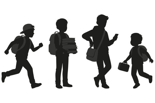 Dynamic silhouettes portraying students across different educational stages, including children with backpacks, teens with books, and young adults with devices, representing daily school life