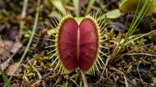Macro shot of an open Venus Flytrap carnivorous plant in its natural habitat (Generative AI)