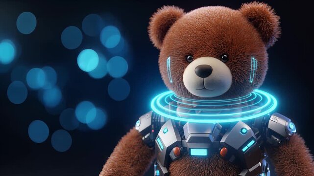 Cinematic zoom-in on a futuristic cybernetic teddy bear with glowing blue HUD elements and intricate robotic armor, symbolizing AI, technology, and playful innovation.