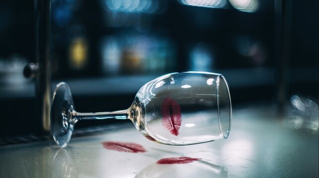 Upturned wine glass with lip mark on bar, shallow depth blurring background, sensual late-night atmosphere