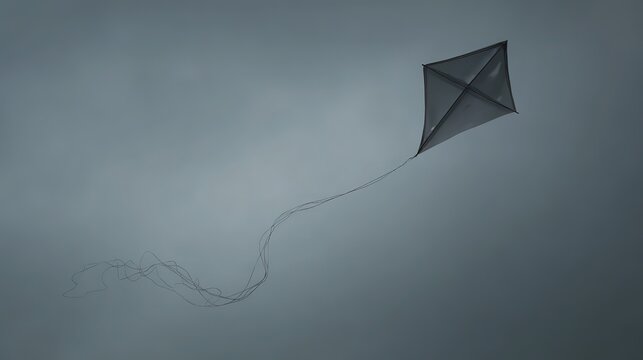 Lone kite drifting away on broken string under cloudy sky, minimalist visual with ample negative space conveying melancholy