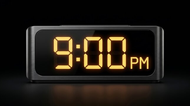 Elegant digital clock displaying 9 00 pm in yellow on black background with sleek design