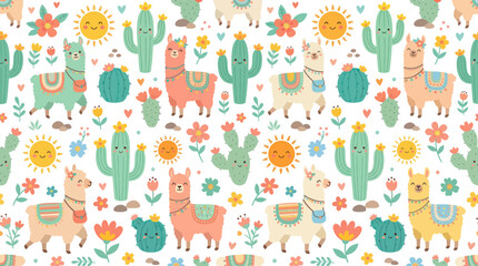 Naklejka premium Cute Cartoon Llamas and Cactuses Seamless Pattern. Flat Kids Whimsical Desert Animals, Suns Plants Background.