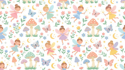Seamless pattern of cute fairies, mushrooms, flowers, and butterflies, whimsical illustration