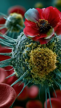 Extreme macro electron microscope shot of a macrophage extending pseudopodia among red blood cells with vibrant false color and sharp texture.