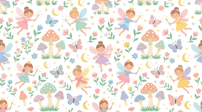 Seamless pattern of cute fairies, mushrooms, flowers, and butterflies, whimsical illustration