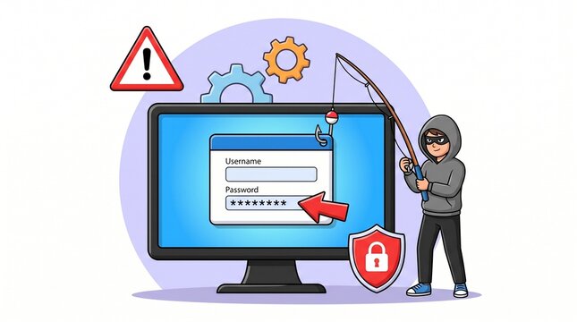 Phisher attempting cyber security breach with fishing hook and computer login screen