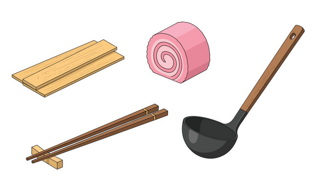 Illustration of wooden planks, a pink rolled cake, chopsticks on a rest, and a black ladle, representing various household and culinary items.