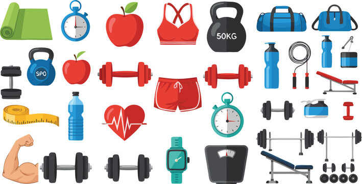 Fitness and gym equipment collection set featuring dumbbells kettlebell stopwatch water bottle and workout gear, cartoon vector illustration for health, sport and training design