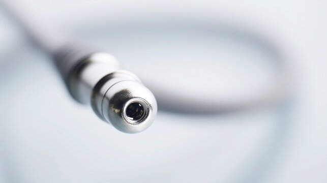 Ultra-macro of medical endoscope tip with intricate optics and instrument ports, cool blue light highlighting metal and glass
