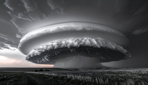 Dramatic shelf cloud forming over open field during storm