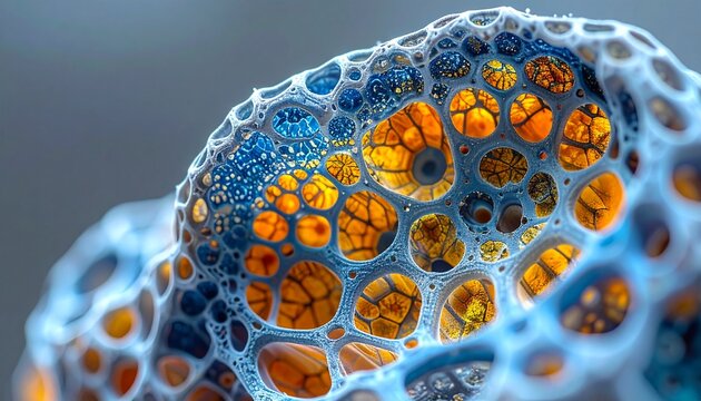 Colorized scanning electron microscope image of diatom silica shell with intricate geometric patterns