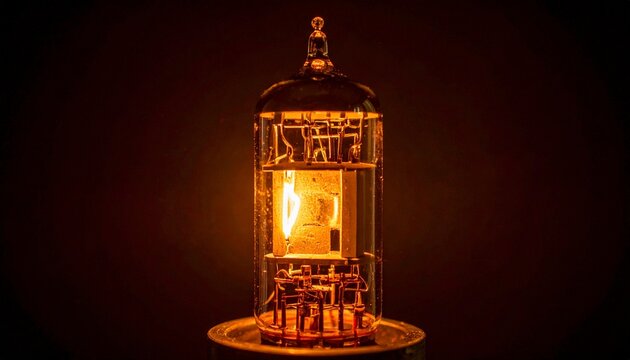 Vintage radio tube valve glowing warmly in dark studio setting