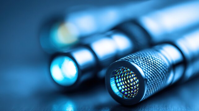 Extreme macro of medical endoscope metal tip, intricate lenses and instrument channels, cool clinical light