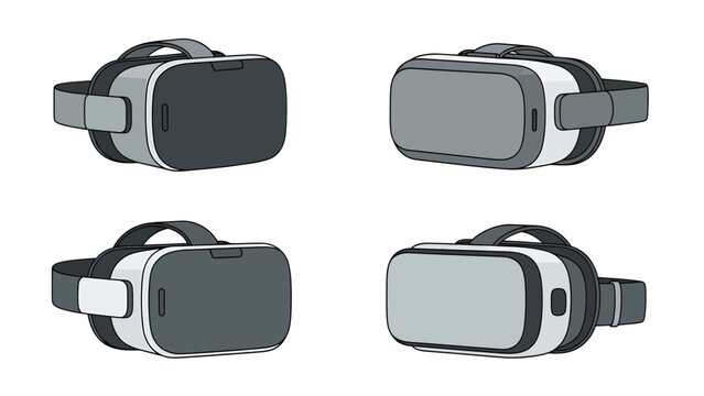 Set of virtual reality headsets from various angles, isolated on a white background, representing modern technology and immersive experiences.