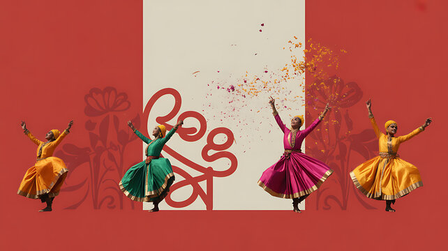 Four dancers in traditional attire perform a vibrant folk dance against a red and white background with floral patterns and abstract designs.