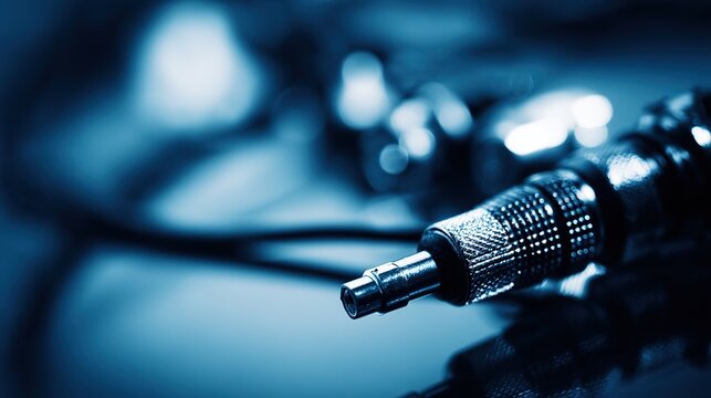 Ultra-macro of medical endoscope tip with intricate optics and instrument ports, cool blue light highlighting metal and glass