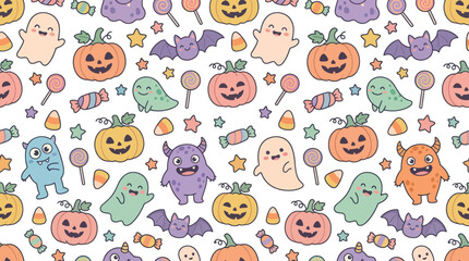 Obraz premium Cute Cartoon Halloween Seamless Pattern with Ghosts, Smiling Pumpkins, Friendly Monsters, Bats, and Candy for Kids