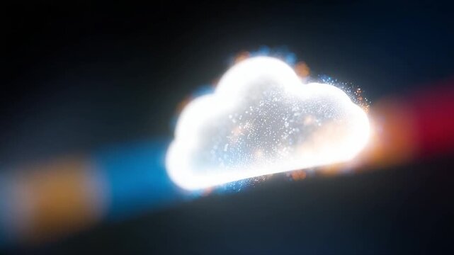 Luminous Cloud Symbol: A glowing, ethereal cloud shape illuminated by bright light and surrounded by sparkling particles against a dark, abstract background.