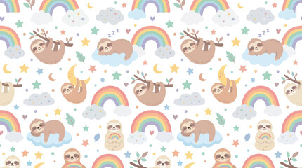 Obraz premium Cute Cartoon Vector Pattern for Children with Adorable Sloths, Rainbows, Clouds, Moons, and Stars