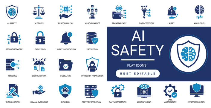 AI Safety Solid Glyph Icon Set. Ethics, Governance, Alignment, Guardrail, Control, Policy, Trust, Risk, Secure, Robot. Editable Vector Illustration.