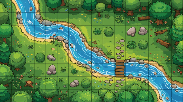 Pixel art forest battle map with river and bridge, 2D top-down game environment vector, fantasy RPG tabletop grid background