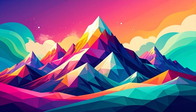 Abstract geometric mountain range with vibrant gradient colors at sunset