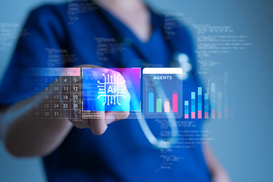 Doctor using healthcare AI agents and medical automation with digital analytics dashboard, artificial intelligence in healthcare, smart diagnosis, hospital workflow and medical data technology.